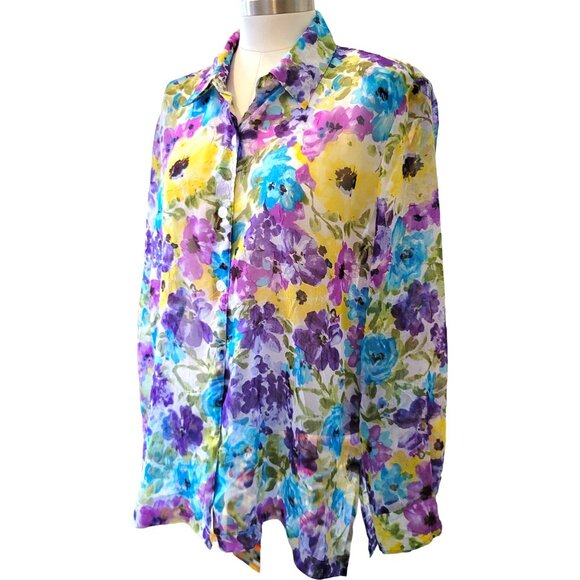 Drapers and Damons Sheer Blouse Purple Floral Top Woman's Long Sleeve JJ3476 - Picture 1 of 6